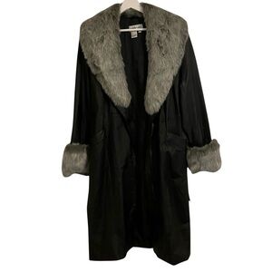 Newport News Black Leather and Gray Faux Fur-Trimmed Midi Coat